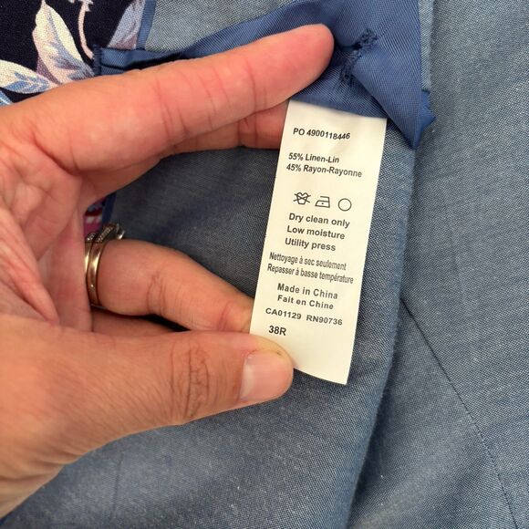 Tallia Blazer Mens Size 38R Blue Slim-Fit Floral Print Suit Jacket Linen Blend - Picture 8 of 11